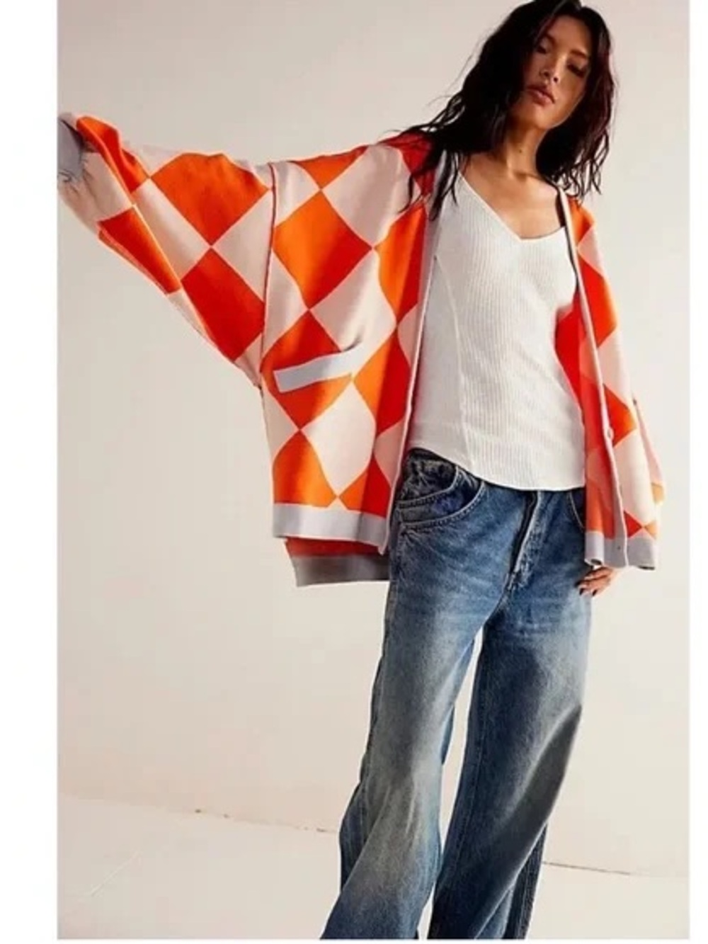 WE THE FREE Manny argyle orange creamcicle oversized cardigan sweater / XS-M